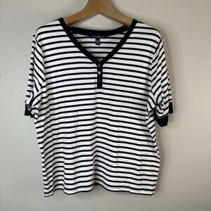 Lauren Ralph Lauren Women's‎ Plus Size 3X Navy Stripe Cotton V-Neck T-Shirt Read